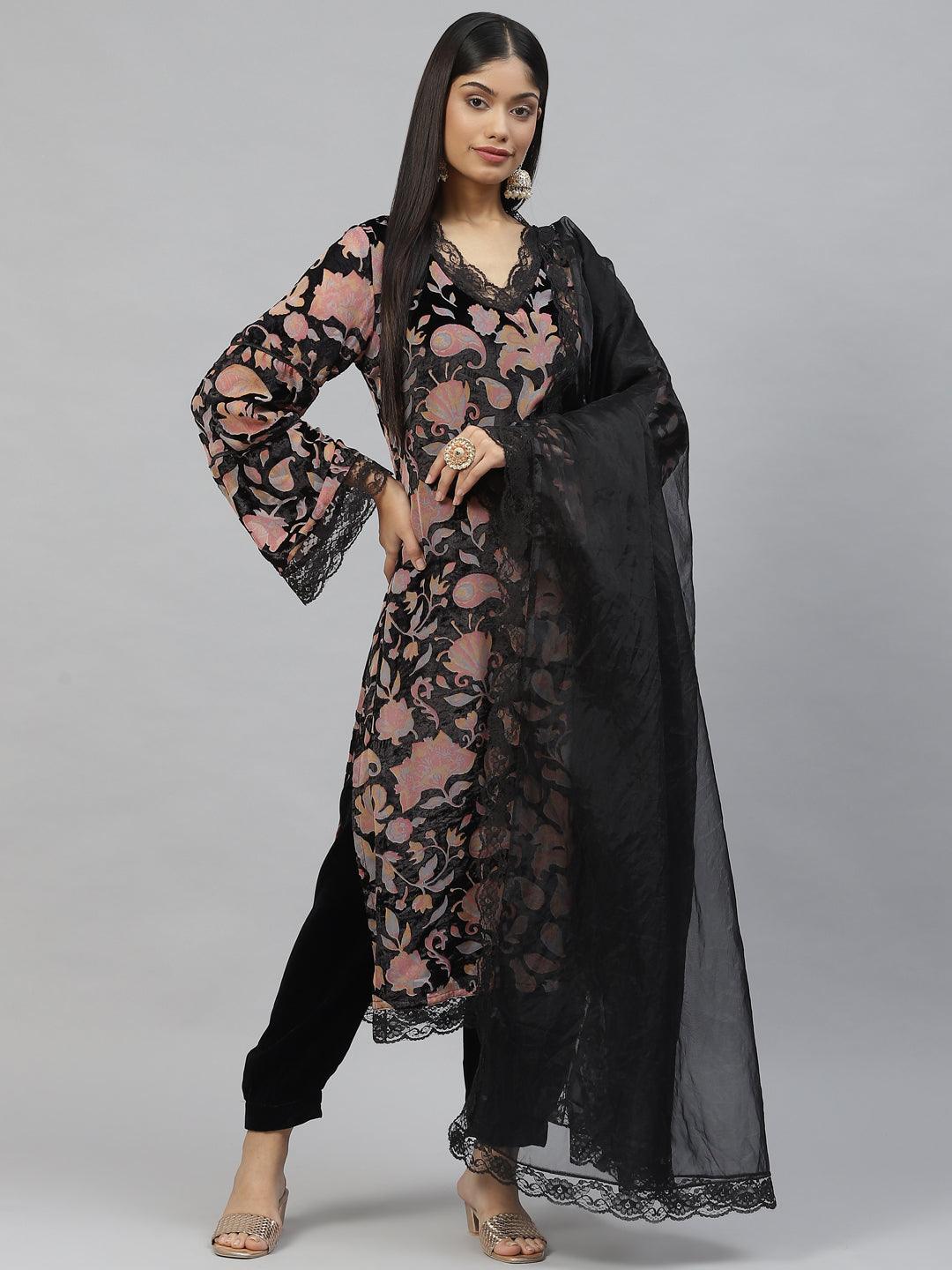 Buy Yufta Women Grey Floral Straight Plus Size Kurta Harem Pants And  Dupatta (Set of 3) online